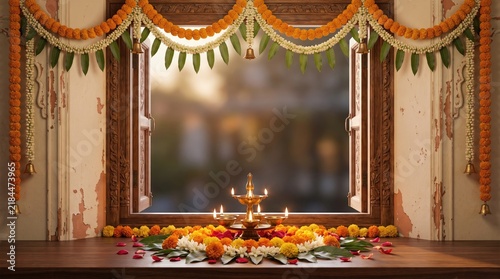 Diwali window decorated with traditional marigold flowers and glowing oil lamps