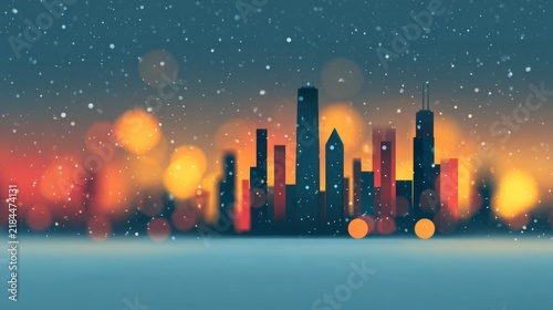 City skyline silhouette at night during a winter snowstorm with bokeh lights