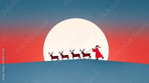 Santa Claus walking with reindeer silhouette before giant moon at sunset
