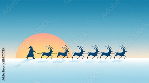 Santa Claus walks with a line of reindeers across snow under setting sun