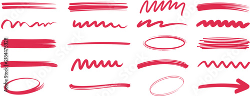 Hand drawn underline and scribble icons featuring doodle brush strokes, correction marks, highlighter swatches, and freehand marker textures.