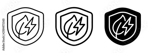 3 shield silhouette icons with leaf lightning bolt, eco energy protection, solid black style