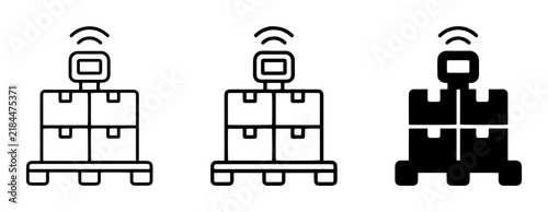 Automated warehouse robot silhouette icons with boxes, logistics technology, industrial automation