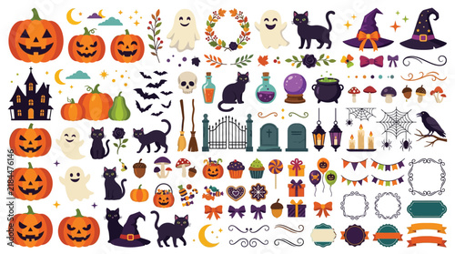 Halloween elements set, vector clipart collection, jack o lanterns, ghosts, black cats, witches, haunted house, spooky decor, party supplies, design assets for seasonal projects
