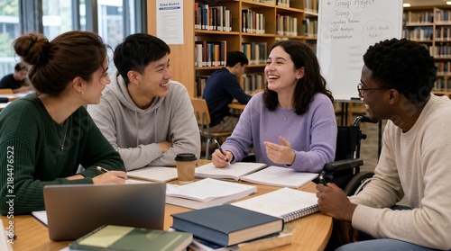 Diverse college students including a young woman in a wheelchair chatting and laughing together at a library study table