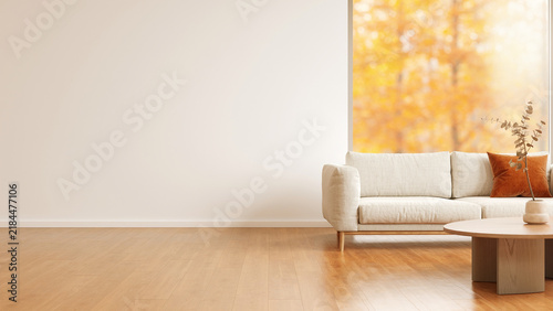 Minimalist living room with blank wall copy space and autumn window view
