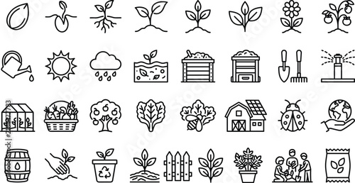 Sustainable Gardening and Ecology Line Icon Set Featuring Plants, Watering Tools, Compost, Flowers, Seeds, Trees,