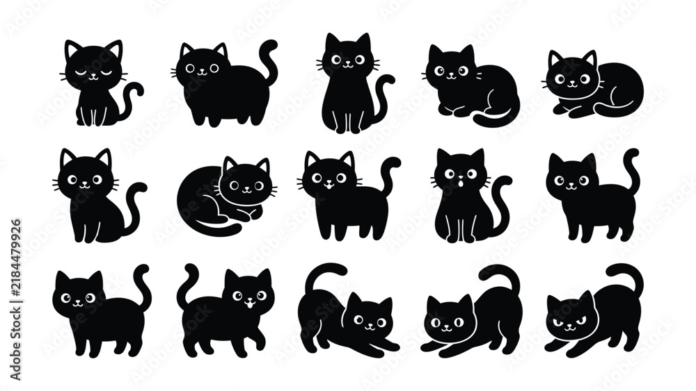 Obraz premium Black cats in various poses and expressions on white background