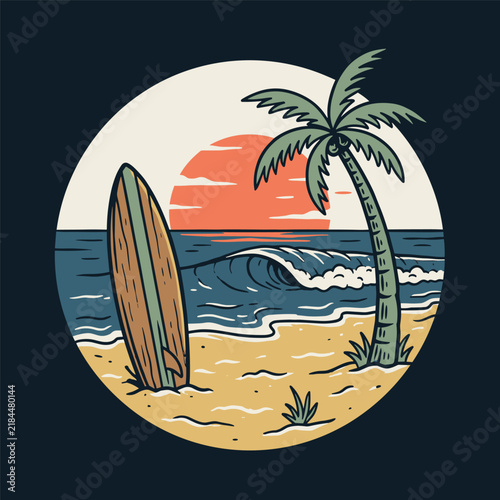 Photography Surfboard on a Tropical Beach with Ocean Waves at Sunset Graphic