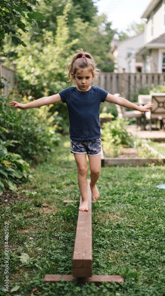 Fototapeta premium Young girl balancing on a wooden beam in a backyard garden