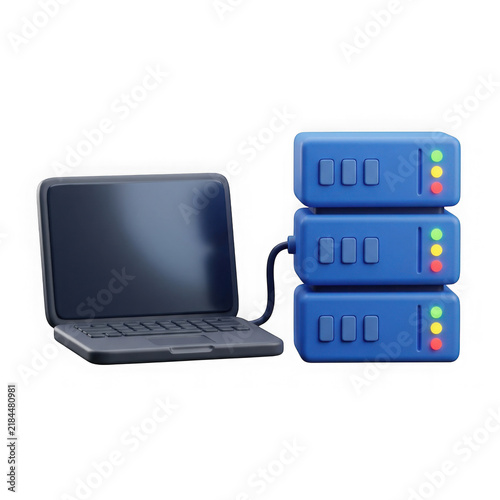 Black laptop computer connected to a blue data server tower icon isolated on transparent background