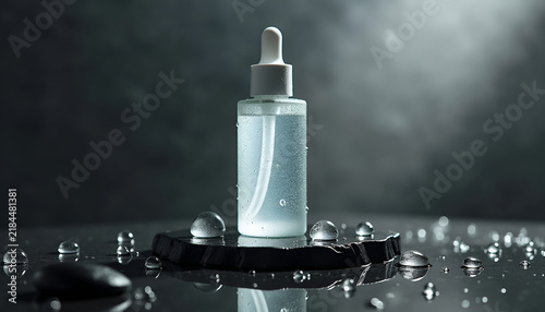 Elegant frosted glass skincare serum bottle covered with realistic water droplets on wet dark stone, creating a sophisticated luxury beauty campaign aesthetic