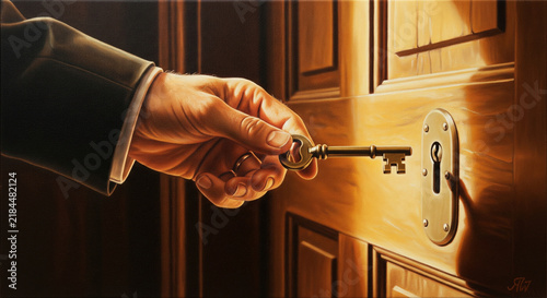 Oil painting of a hand in a formal suit sleeve inserting a vintage skeleton key into a wooden door keyhole