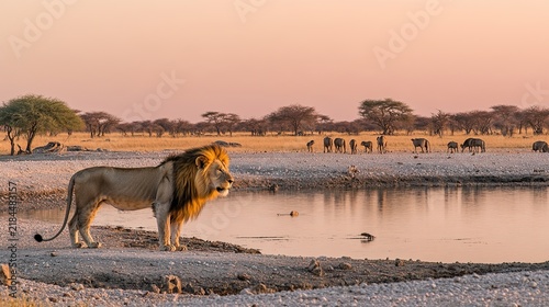 waterhole. A lion stands by a water source as other animals watch from afar during golden hour. wildlife magazines, conservation campaigns, designed for eco-tourism storytelling.
