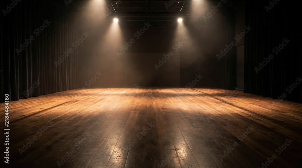 Obraz premium Empty wooden stage with dramatic theatrical spotlight and dark curtains