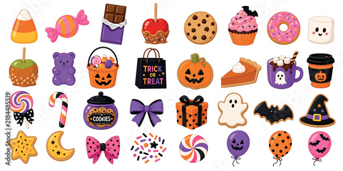 Fotografie Set of cute halloween treats, sweets, and decorations, including candy, cookies,