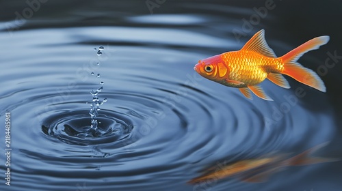 goldfish. An orange goldfish caught mid-leap from a water droplet, showcasing vibrant aquatic motion in extreme detail. wildlife magazines.
