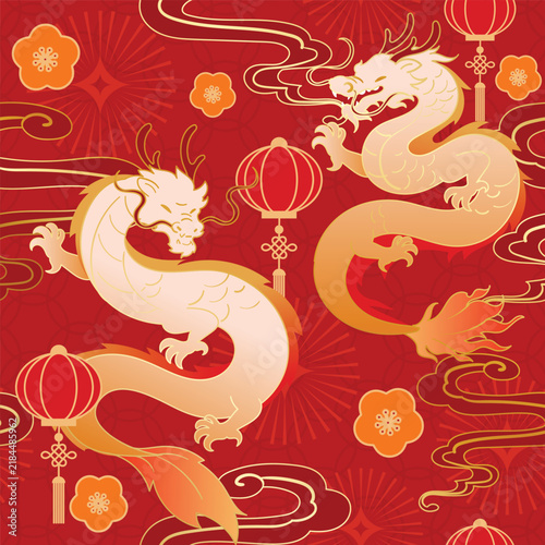 Chinese New Year vector pattern with white Chinese dragons, lanterns, clouds and floral ornaments on rich red background for festive wrapping and greeting designs.