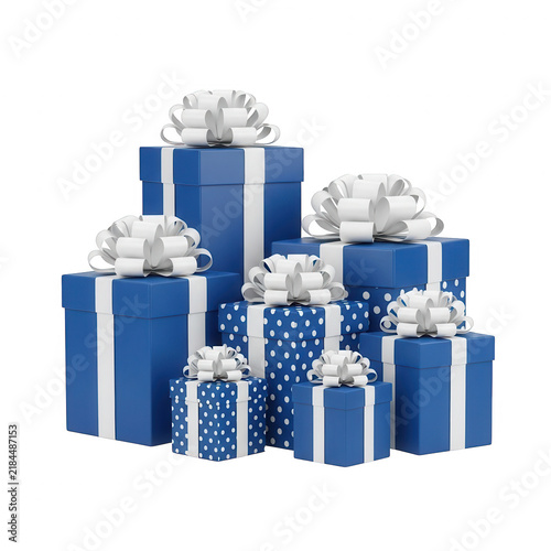 Collection of blue gift boxes with white polka dots and elegant white ribbons isolated on transparent background for festive celebrations