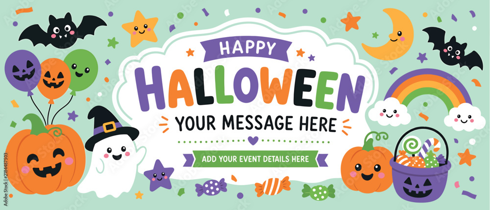 Fototapeta premium Happy halloween banner design with cute cartoon characters, pumpkins, ghosts, bats, and colorful decorations for party invitation or greeting card template