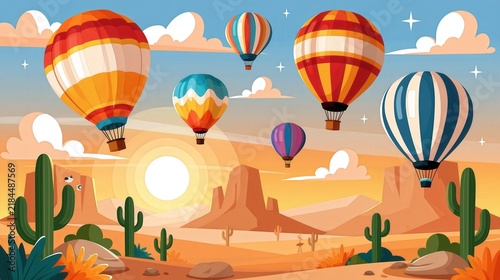 Multiple colorful hot air balloons ascend above a desert landscape at sunset.