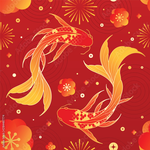 Chinese New Year vector background with golden koi fish, small blossoms and decorative spark motifs on deep red for festive cards, posters and packaging.