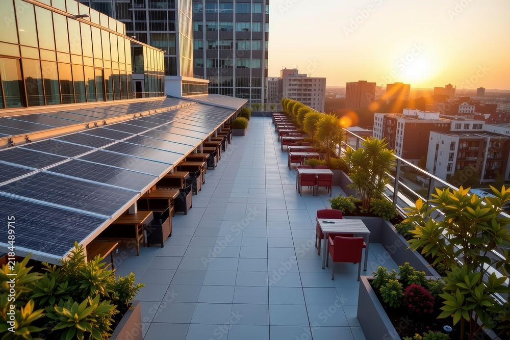 Obraz premium Rooftop terrace with solar panels and outdoor seating at sunset