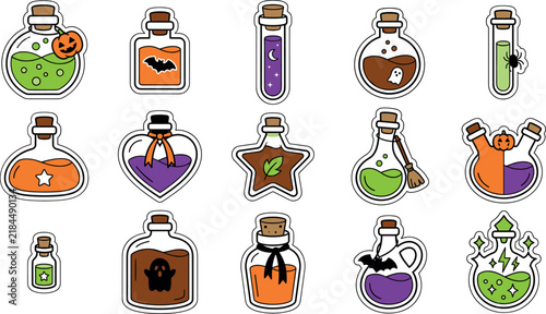 Bild auf Leinwand Cute Halloween magic potion bottle sticker set with spooky elixir fluids and fes