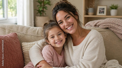 Smiling single mother hugging her young daughter on cozy beige knit couch in warm bright living room, loving multigenerational family bond portrait, natural candid moment