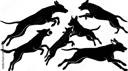 Dynamic black silhouettes of six dogs in various active poses, running, jumping, and playing with a ball.