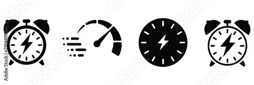 Foto Rapid Time Clock And Lightning Icon Set, Fast Performance Symbols For Express Delivery, Productivity, Efficiency, Scheduling, Business Services And Quick Response