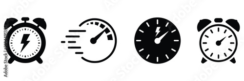 Bild auf Leinwand Rapid Time Clock And Lightning Icon Set, Fast Performance Symbols For Express Delivery, Productivity, Efficiency, Scheduling, Business Services And Quick Response