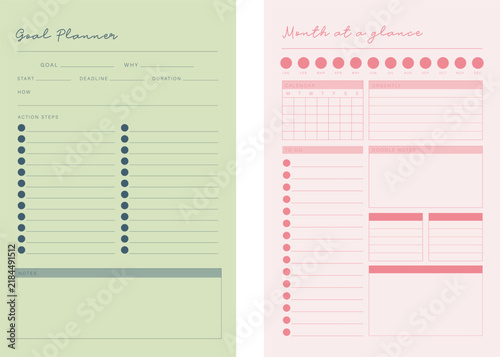 goal Month Planner. Minimalist planner template set. Vector illustration.