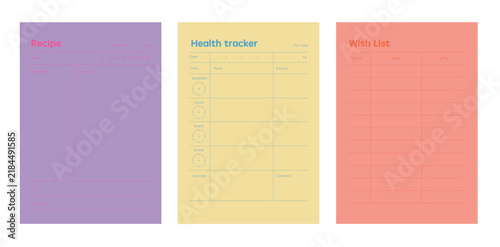 Recipe, Healthtracker, Wish list planner. Minimalist planner template set. Vector illustration.	
