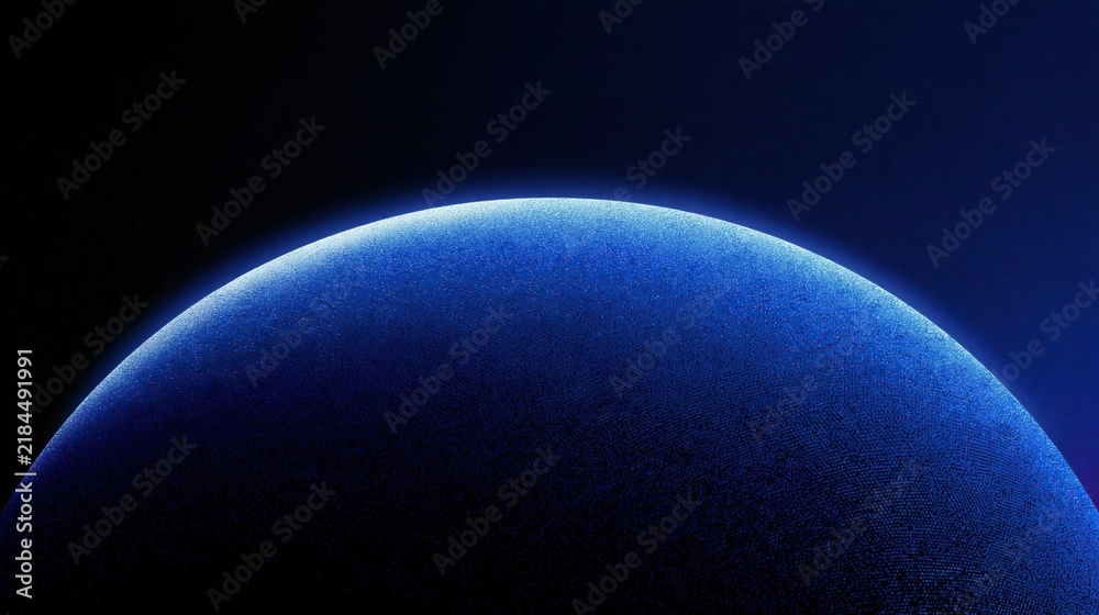 Obraz premium Glowing blue half planet with granular texture on dark outer space background, abstract cosmic futuristic astronomy science exploration concepts