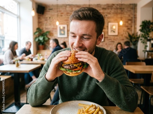 Man Enjoying a Delicious Burger and Fries at a Trendy Restaurant.