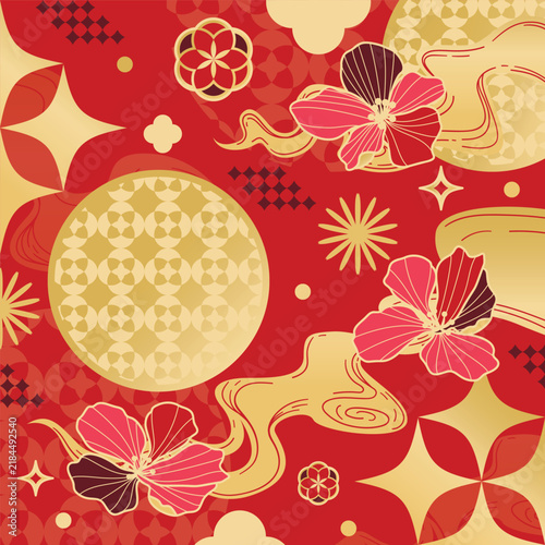 Chinese New Year vector floral pattern with pink blossoms, large gold circles, star shapes and geometric ornaments on red for luxury festive packaging and cards.