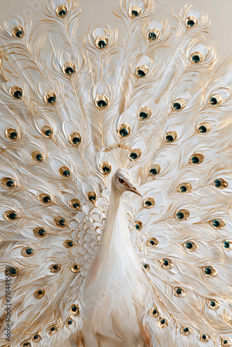 White peacock standing in front with a symmetrical display