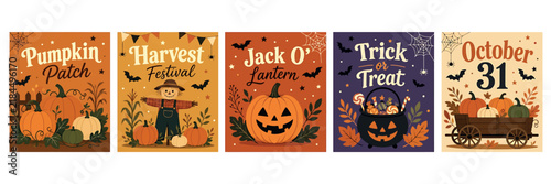 Fotografie Set of five vintage halloween posters with pumpkins, scarecrow, jack o lantern a