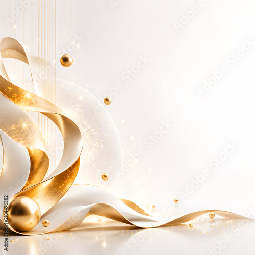 Elegant Golden Christmas Background with Abstract Ribbon, Floral Decoration and Festive Celebration Design for Holiday Cards, Wedding and Luxury Events