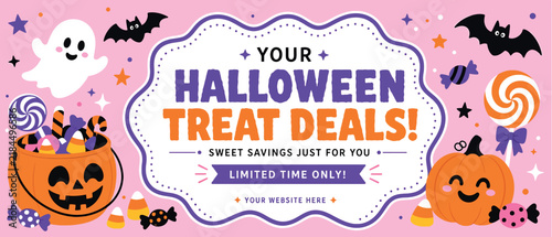 Картината върху платно Happy halloween treat deals banner with cute ghost, pumpkin, bats, and candy on