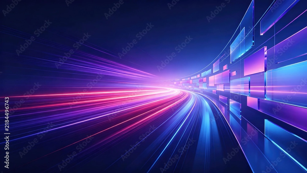 Obraz premium Fast glowing colorful red purple blue motion light trails along curved glass tunnel path, futuristic high speed digital data and network technology background