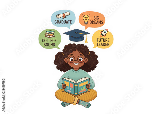 Illustration of a young girl reading a book with graduation and future dreams concepts isolated on transparent background