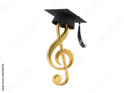 Golden treble clef symbol wearing a black graduation cap isolated on transparent background