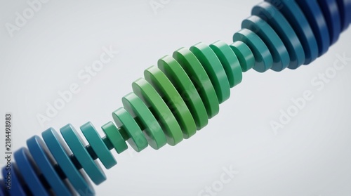 Abstract DNA Helix in Vibrant Hues: A striking 3D render of a DNA double helix, composed of colorful disc segments transitioning from blue to green, against a neutral backdrop.