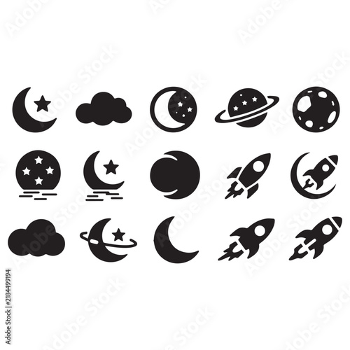 Space And Night Sky Vector Icons Set Moon Stars Cloud Rocket Launch.
