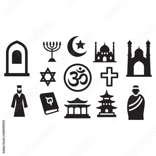 World Religion Vector Icons Set Symbols Mosque Cross Om Star Crescent Menorah. 