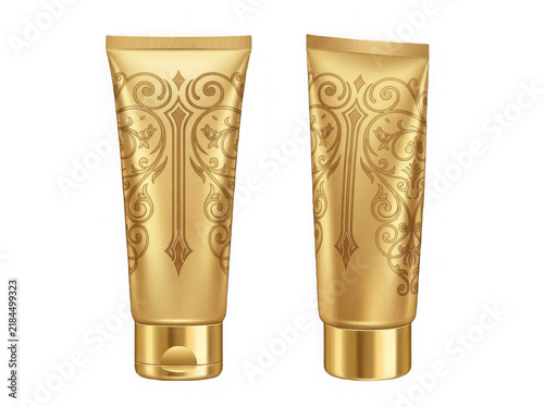 Two golden cosmetic tubes with ornate vintage patterns isolated on transparent background