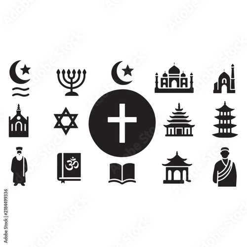 World Religion Vector Icons Set Symbols Mosque Cross Om Star Crescent Menorah. 