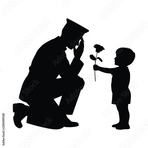 Photography Military father receiving a rose from child, symbolizing love and gratitude for